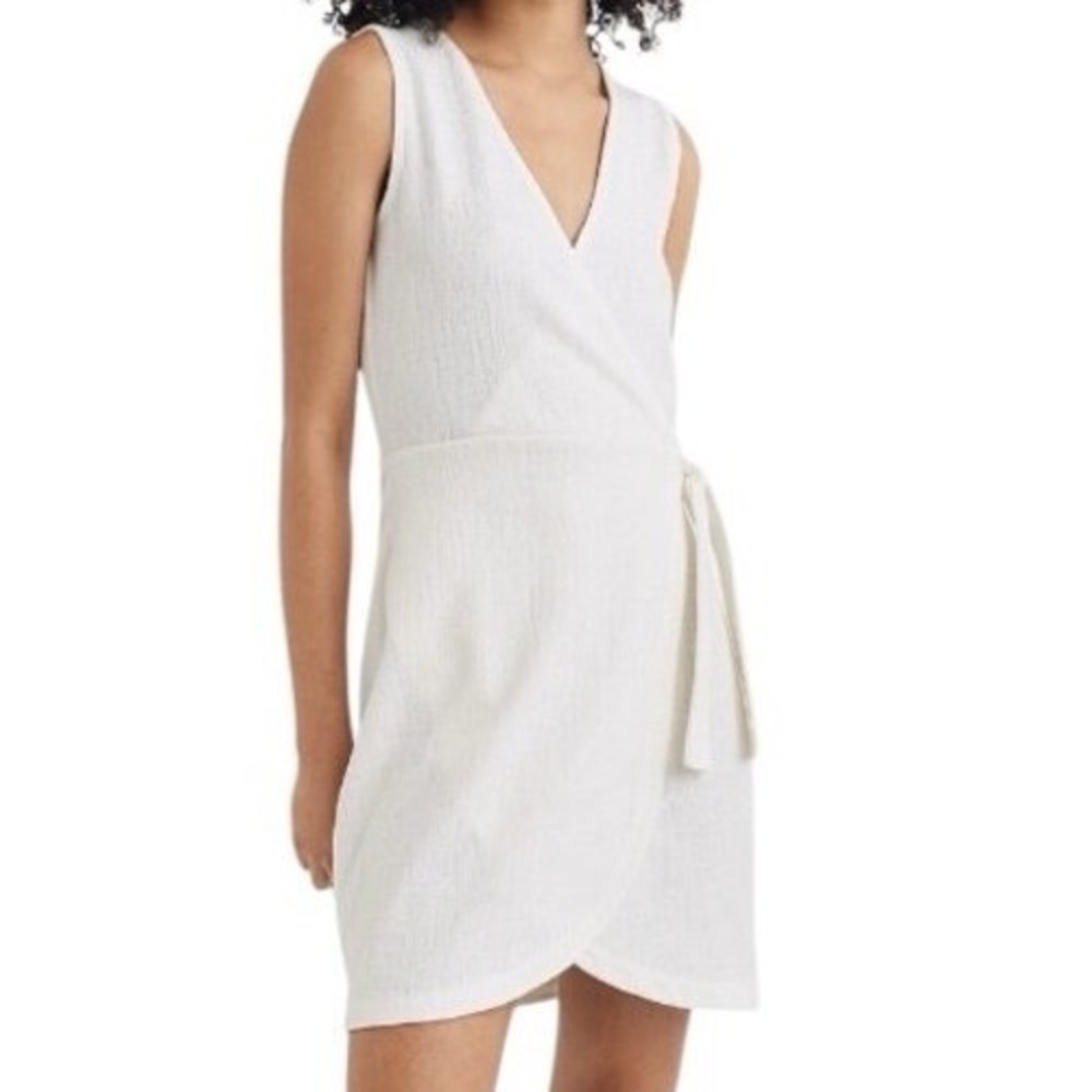 Madewell Crosshatch‎ Side Tie Sleeveless Faux Wrap Dress Bright Ivory XL